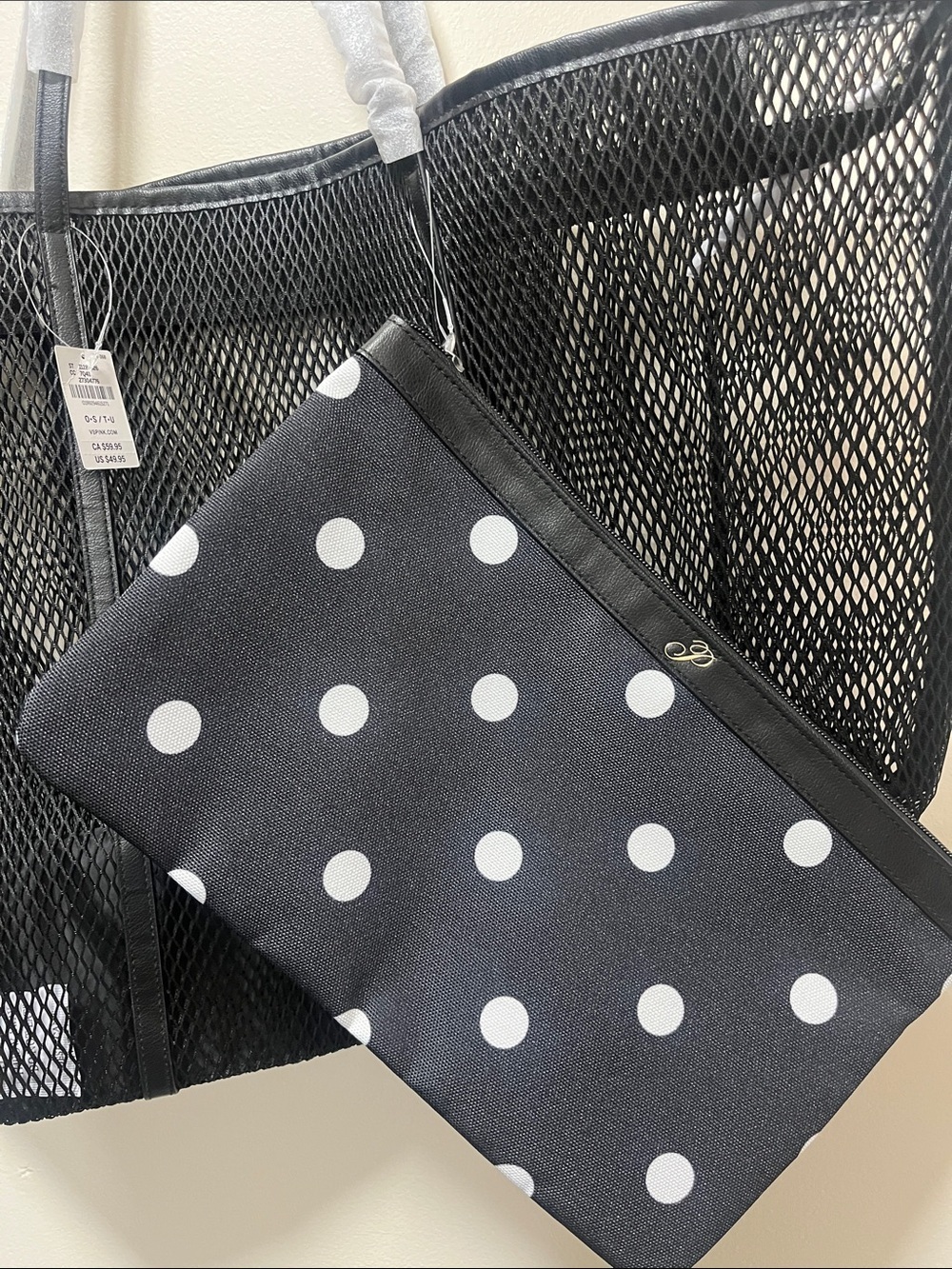 PINK Victoria's Secret Black Mesh Tote with Polka Dot Pouch - Picture 4 of 9